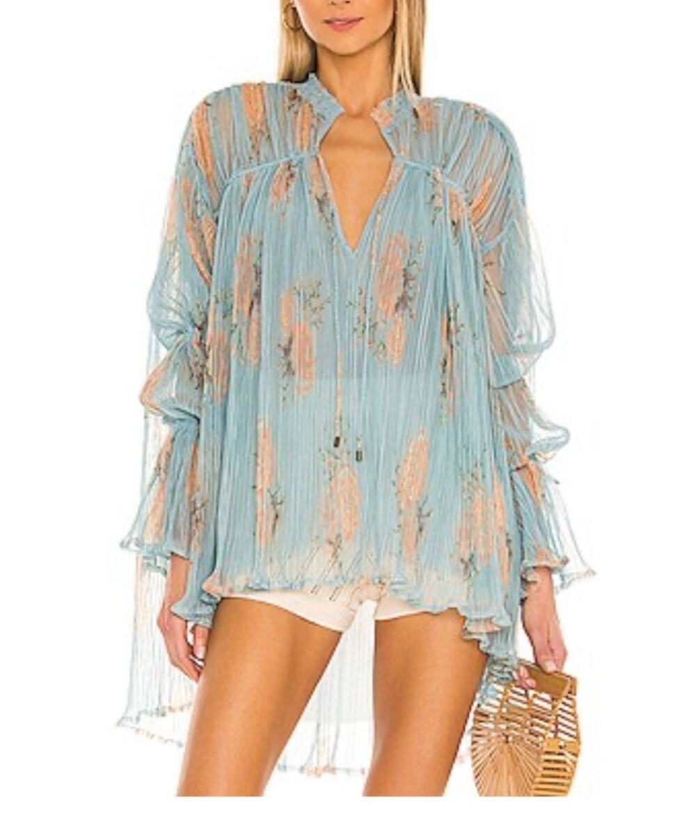 NWT Free People Dahlia Tunic - blue floral mesh boho blouse oversized size L